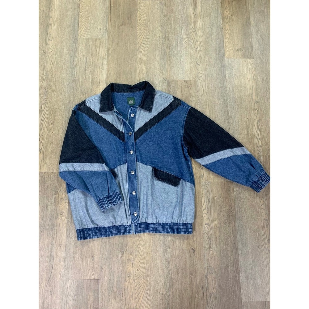 Colorblock Denim Bomber Jacket Womens Size XXL Blue Black Chevron 80s 90s Retro